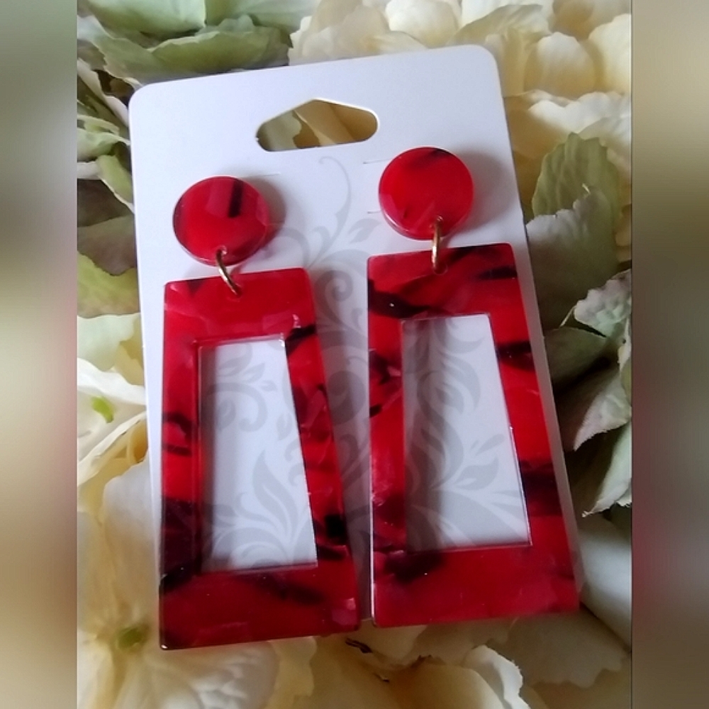 New Red Acrylic Abstract Earrings - Picture 4 of 8